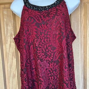 💚3/$25 Perceptions XL Red (burgundy)Lace Women's Blouse with Black Accents NWT